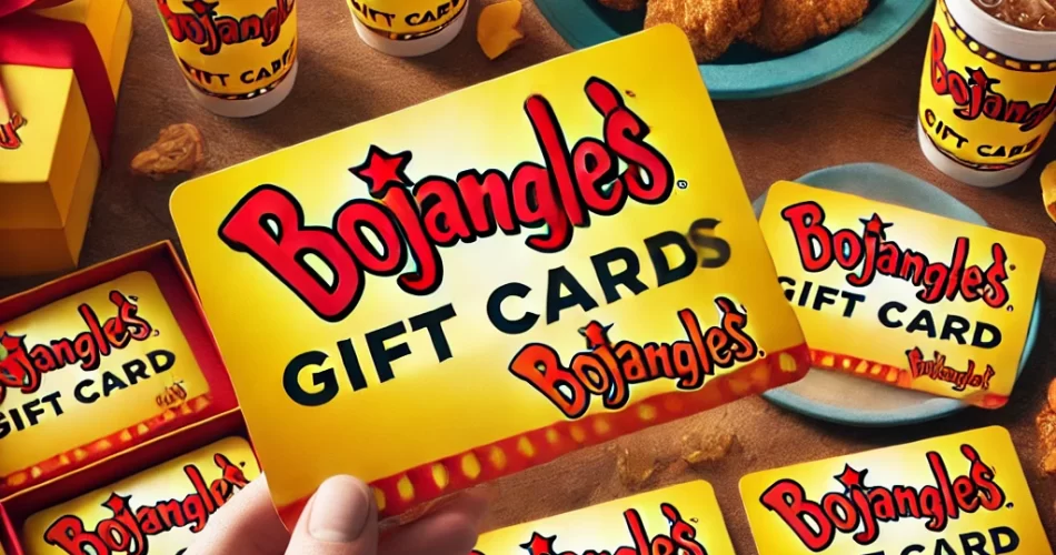 played. "Bojangles' gift cards featuring iconic yellow and red color scheme with logo prominently displayed"